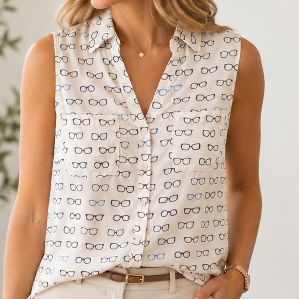 Talbots Nantucket Womens Trendy Eyeglass Print Sleeveless Blouse Ivory